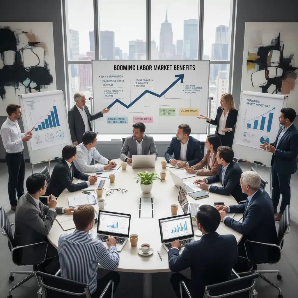 Diverse professionals in a meeting, discussing economic trends and labor market improvements.