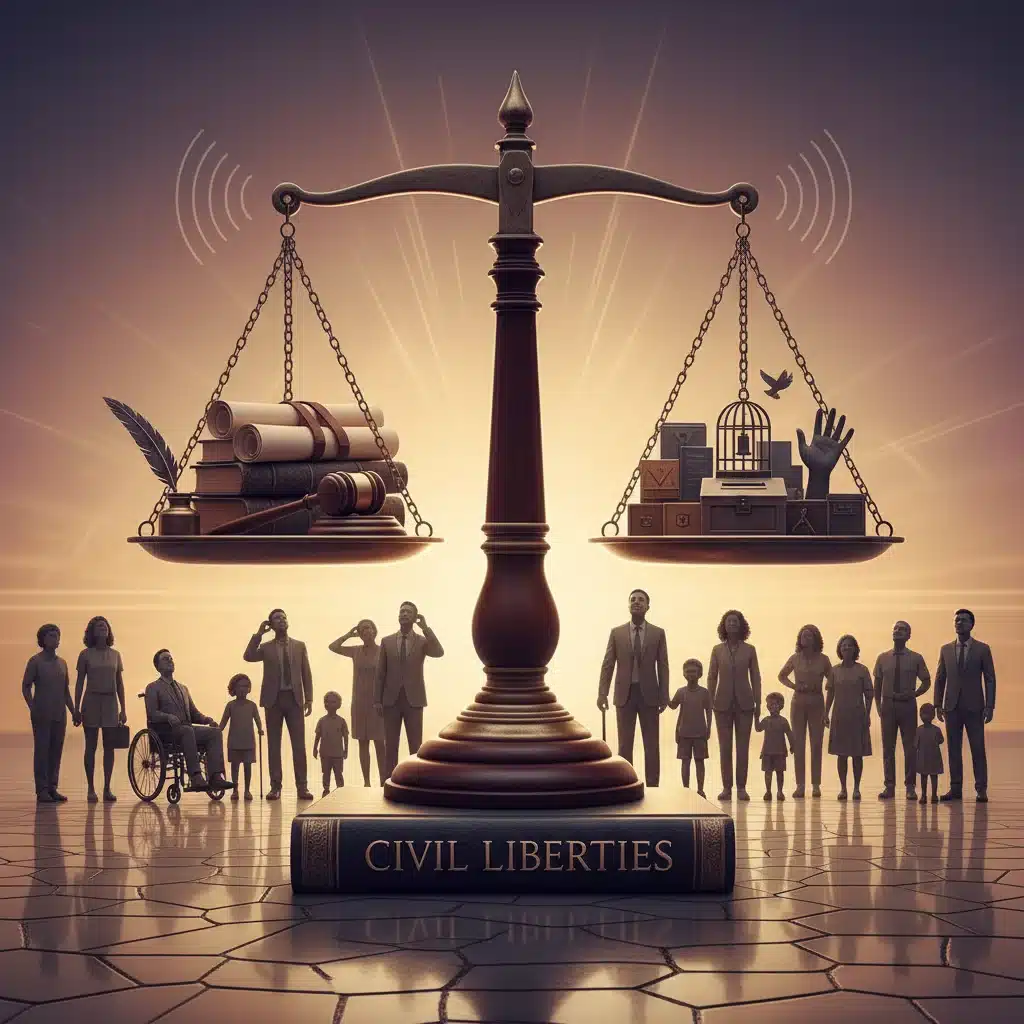 Scale of justice balancing civil liberties documents and diverse silhouettes