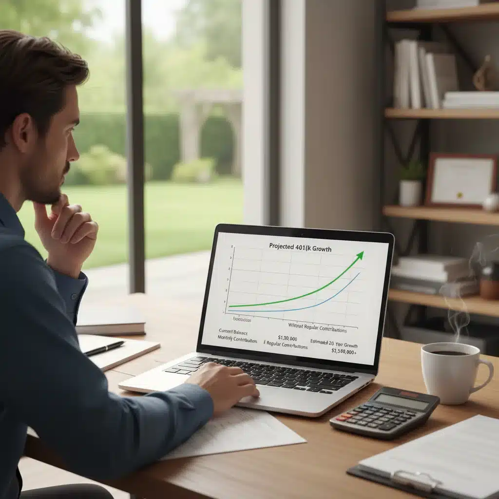 Person analyzing financial projections on a laptop, emphasizing long-term 401(k) planning and benefits.