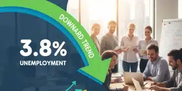 Infographic showing a 3.8% unemployment rate with a downward trend arrow, symbolizing a strong labor market.