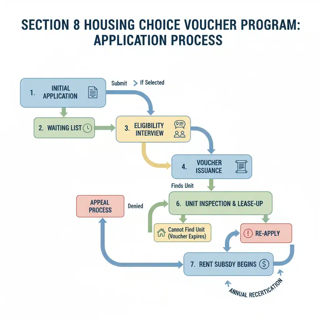 Flowchart detailing the Section 8 Housing Choice Voucher application process.