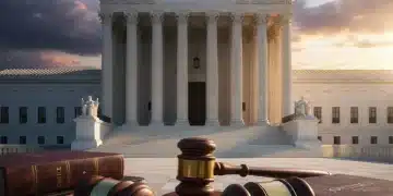 Supreme Court building with gavels symbolizing justice