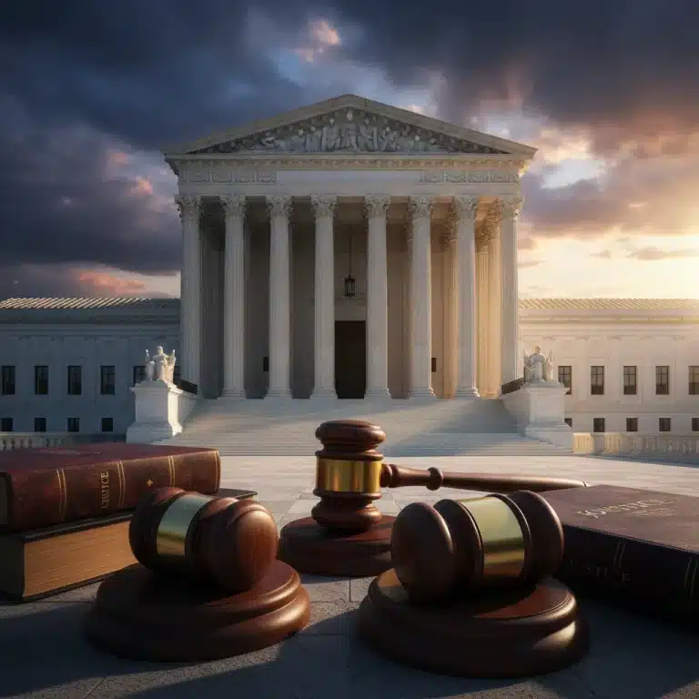 Supreme Court building with gavels symbolizing justice