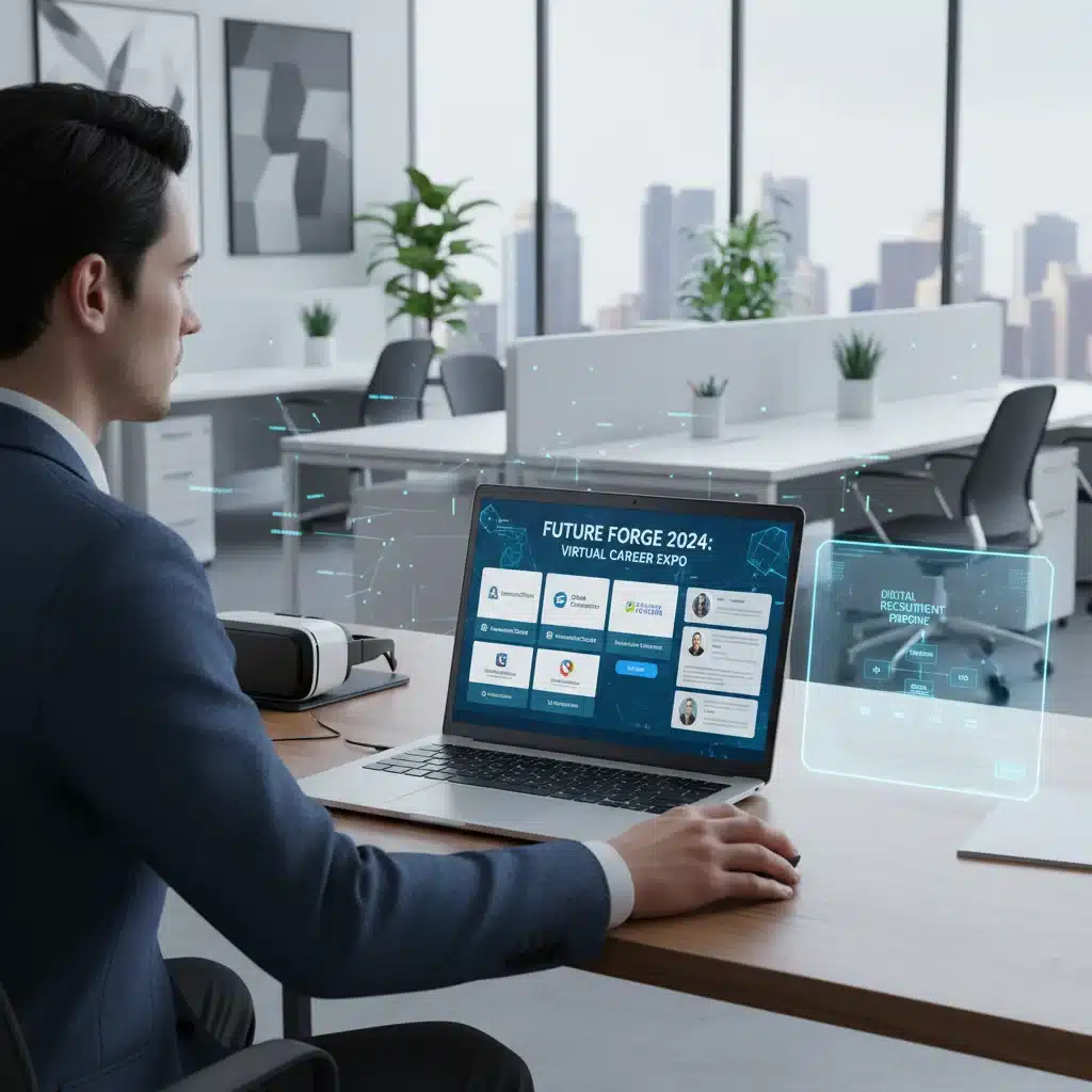 Job seeker navigating a virtual job fair on a laptop, emphasizing modern employment search methods.