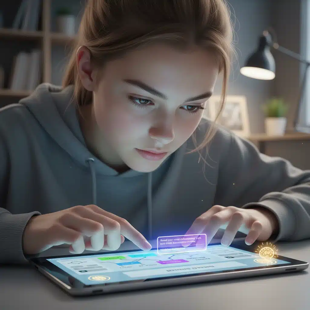 Student engaged with AI personalized learning platform on tablet, adapting to individual needs.