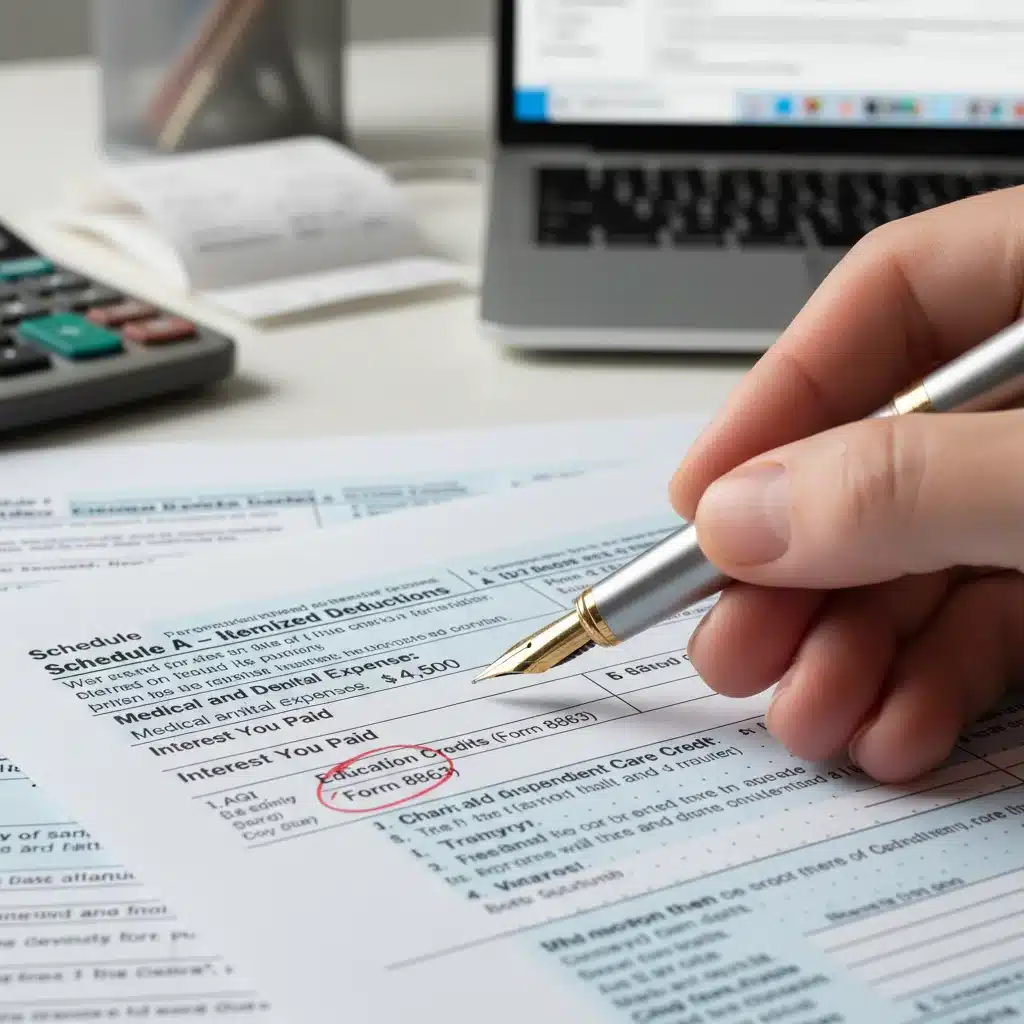 Hand pointing at a tax form for federal deductions