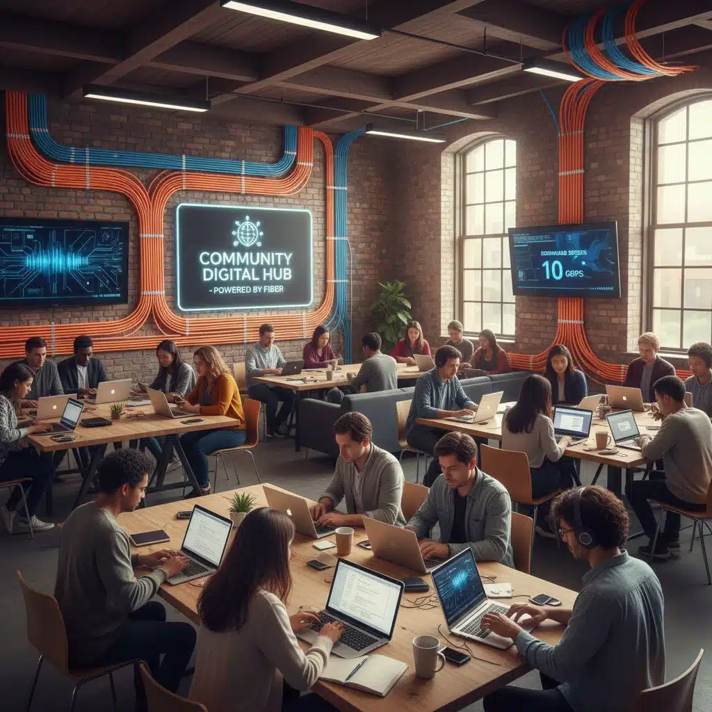 Community members using high-speed internet in a modern center, illustrating improved digital connectivity.