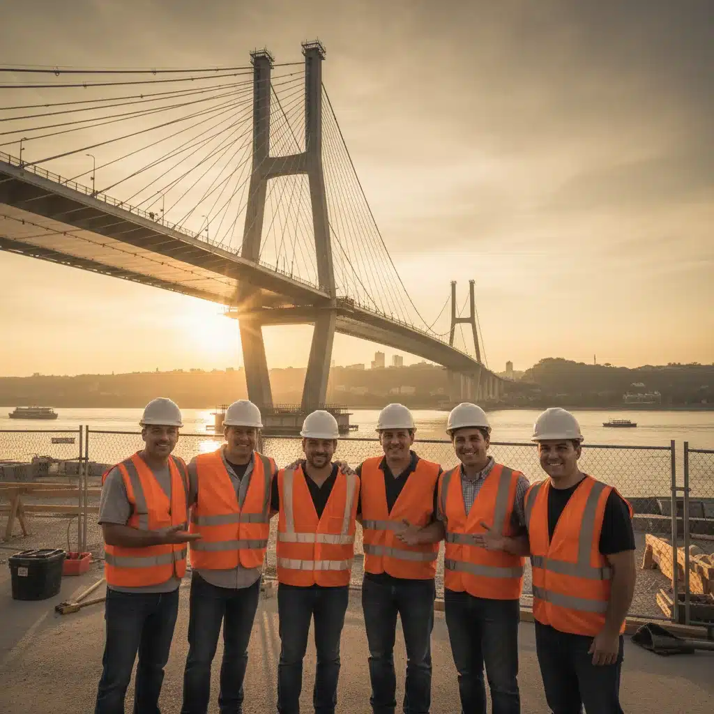 Construction workers celebrating progress on a new bridge, symbolizing job creation and infrastructure development.