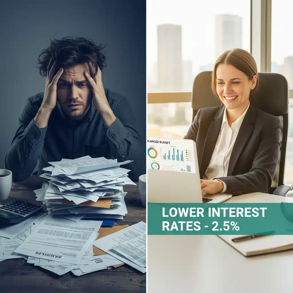 Person stressed with bills, then relieved with lower interest on laptop