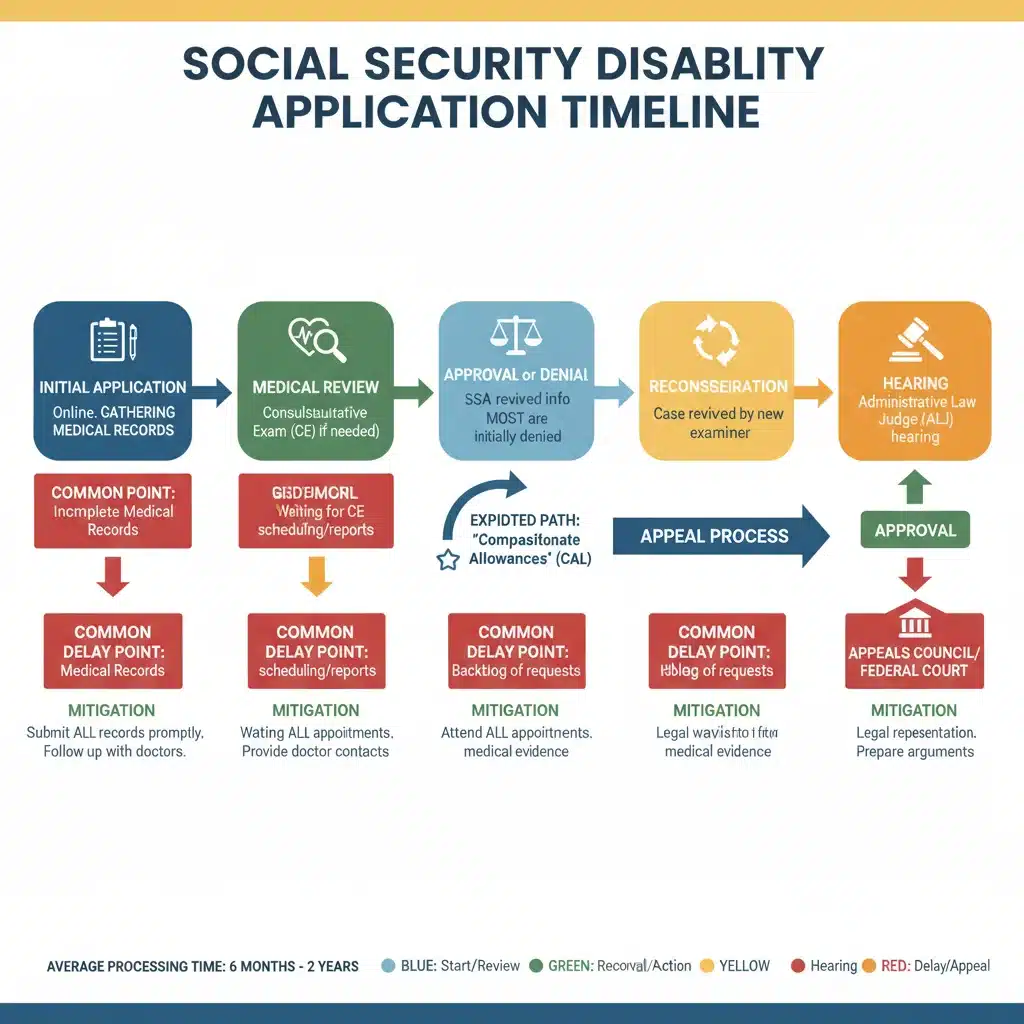 Infographic illustrating the Social Security Disability application timeline and potential expedited paths.