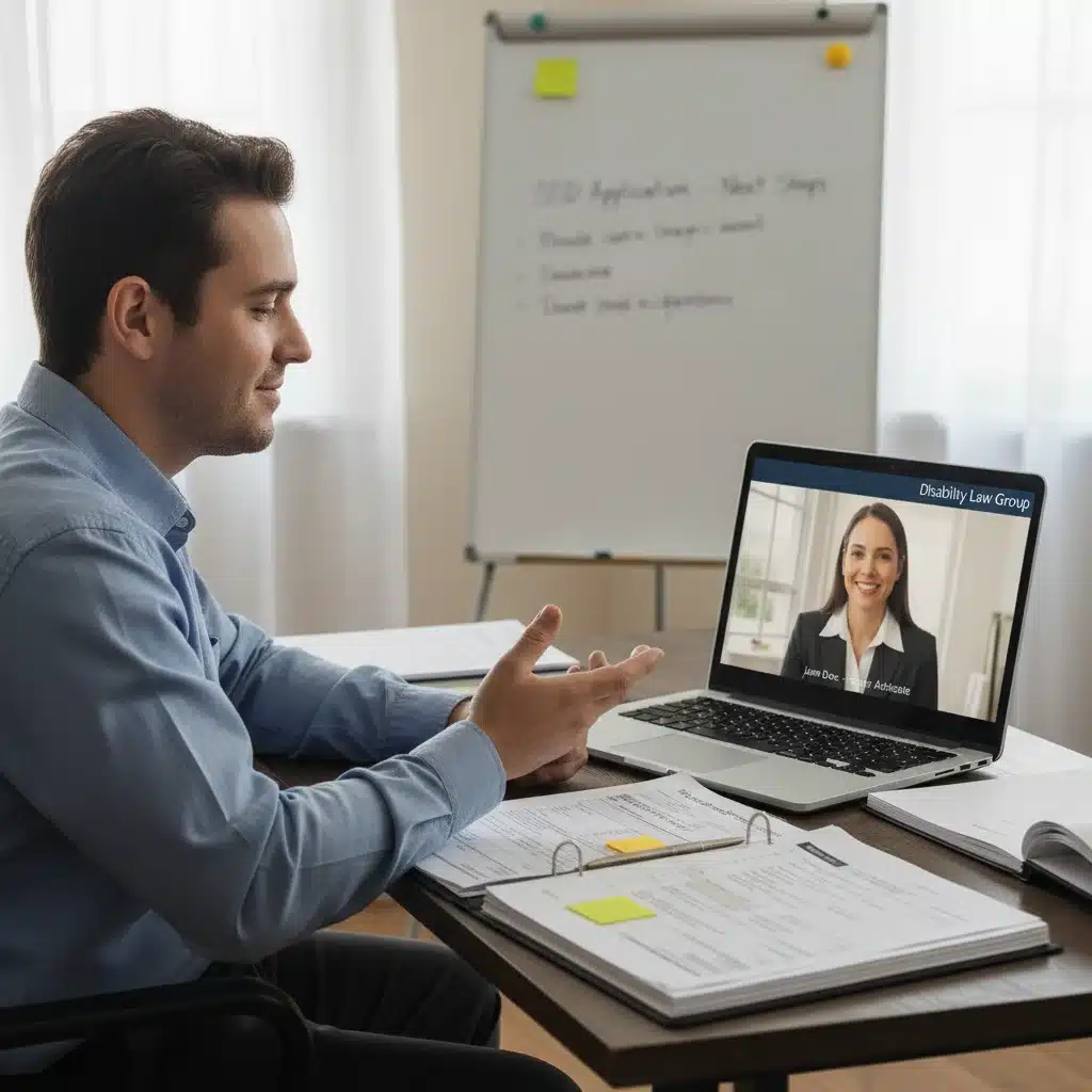 Individual consulting with a disability lawyer via video call for application guidance.