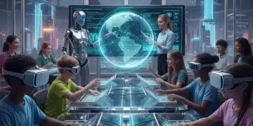 Futuristic classroom with students using VR headsets and AI, showcasing EdTech innovations 2026.
