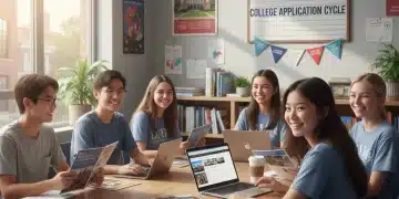 High school seniors preparing for 2026 college applications, reviewing materials and discussing options.