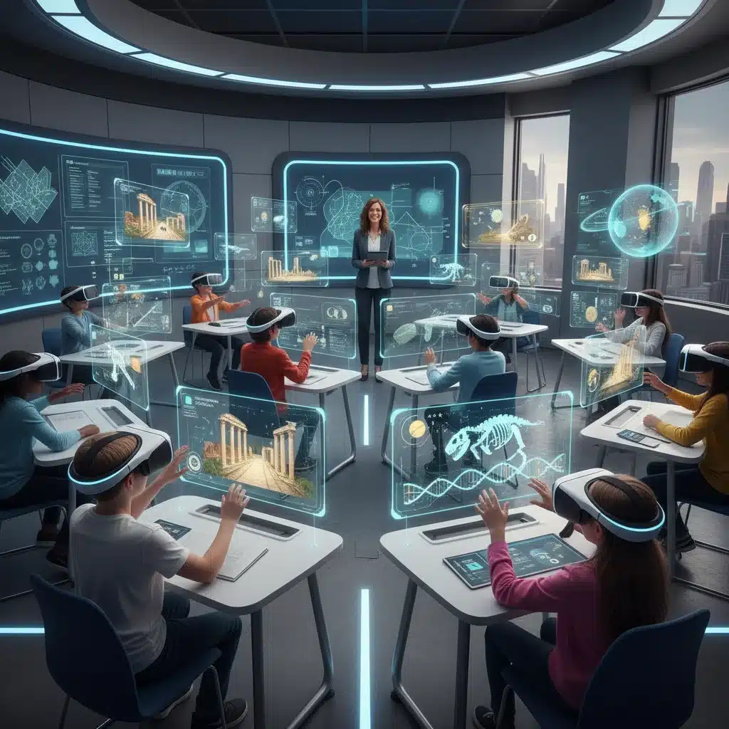 Students wearing VR headsets experiencing immersive learning in a classroom setting.