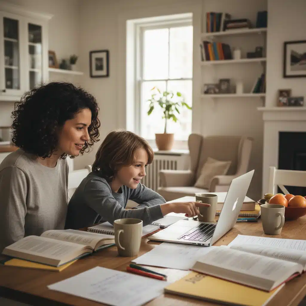 Parent and child reviewing educational material on a laptop at home.