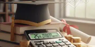 Calculator showing reduced interest rates with coins and graduation cap