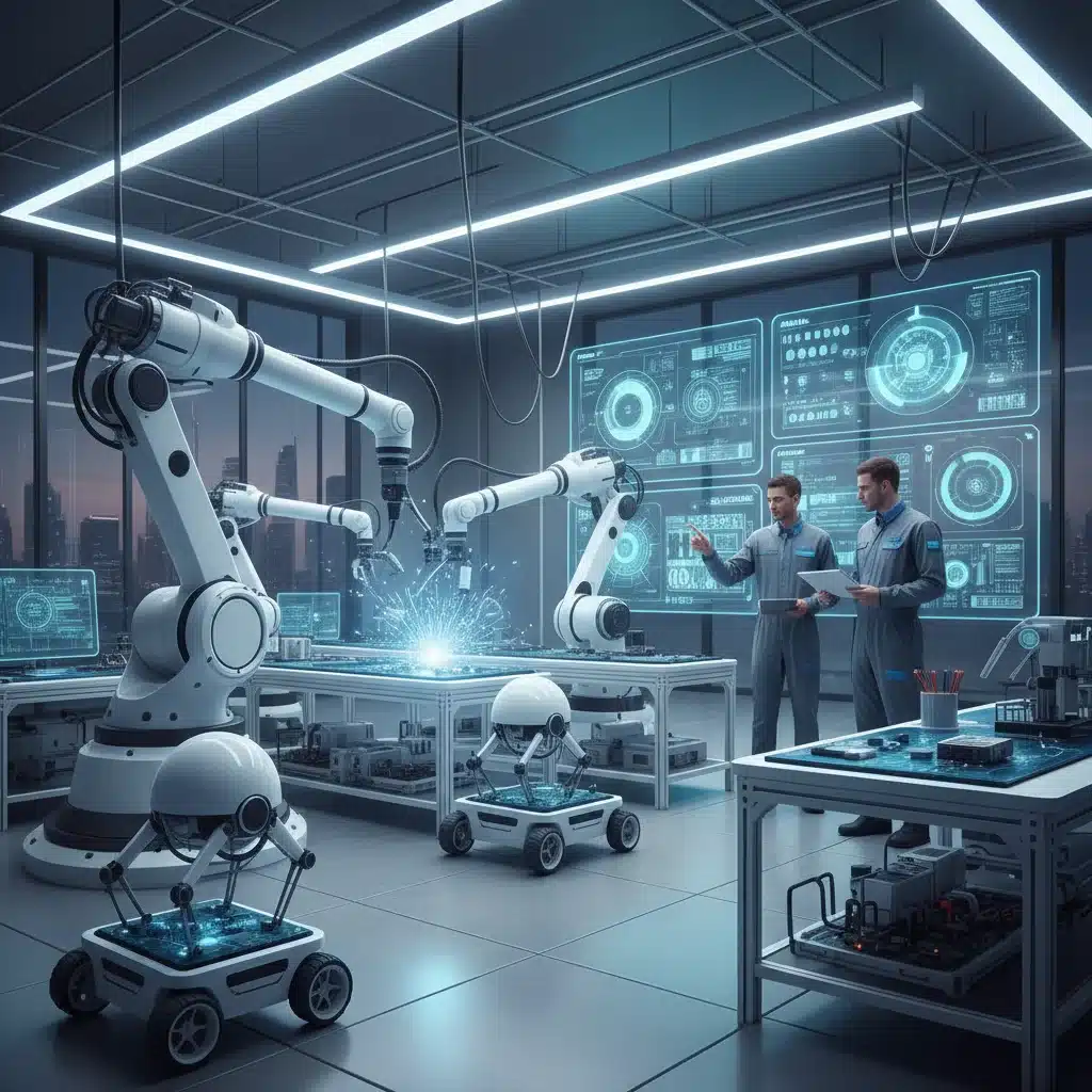 Human technicians collaborating with automated robots in a smart factory setting