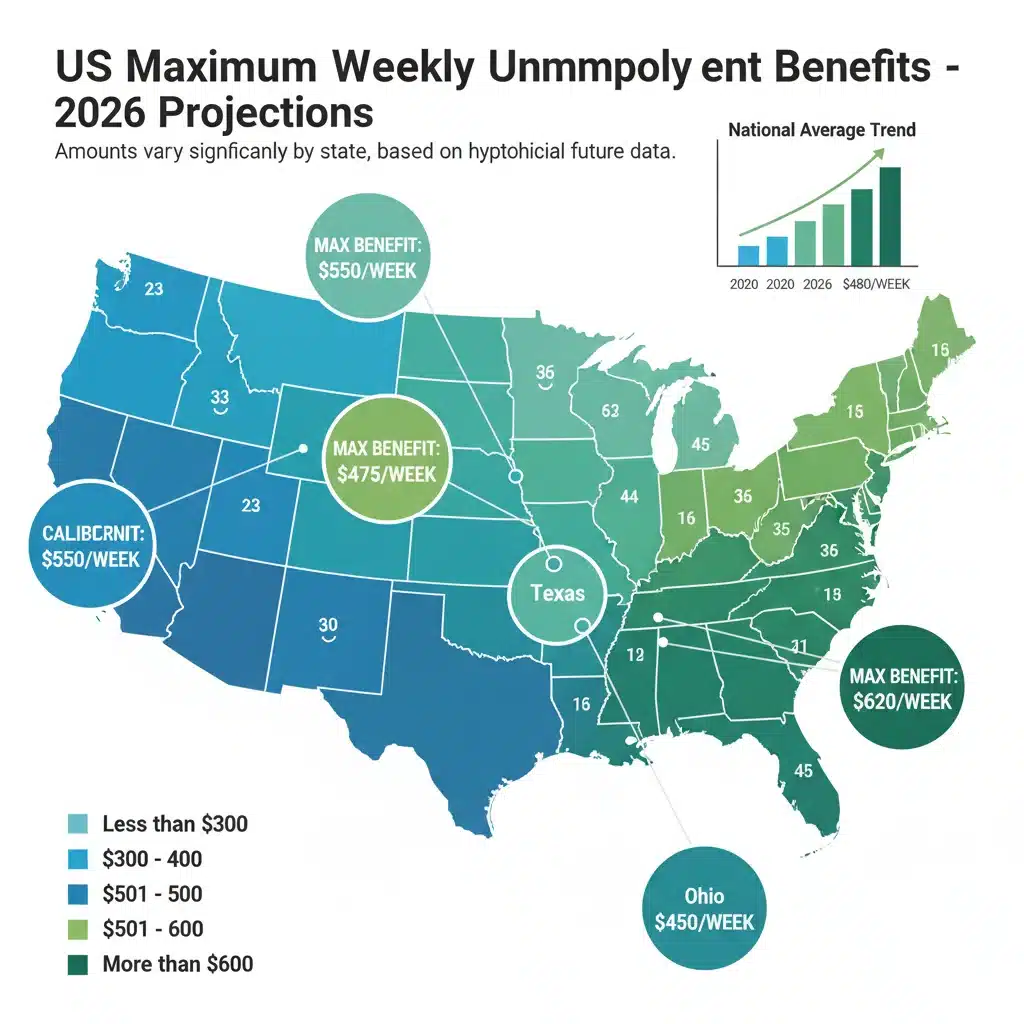 US map showing maximum weekly unemployment benefits by state in 2026