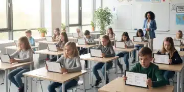 Students taking a standardized test on tablets in a modern classroom setting.
