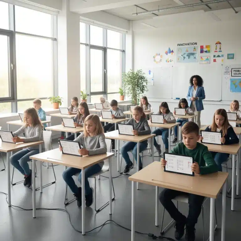 Students taking a standardized test on tablets in a modern classroom setting.