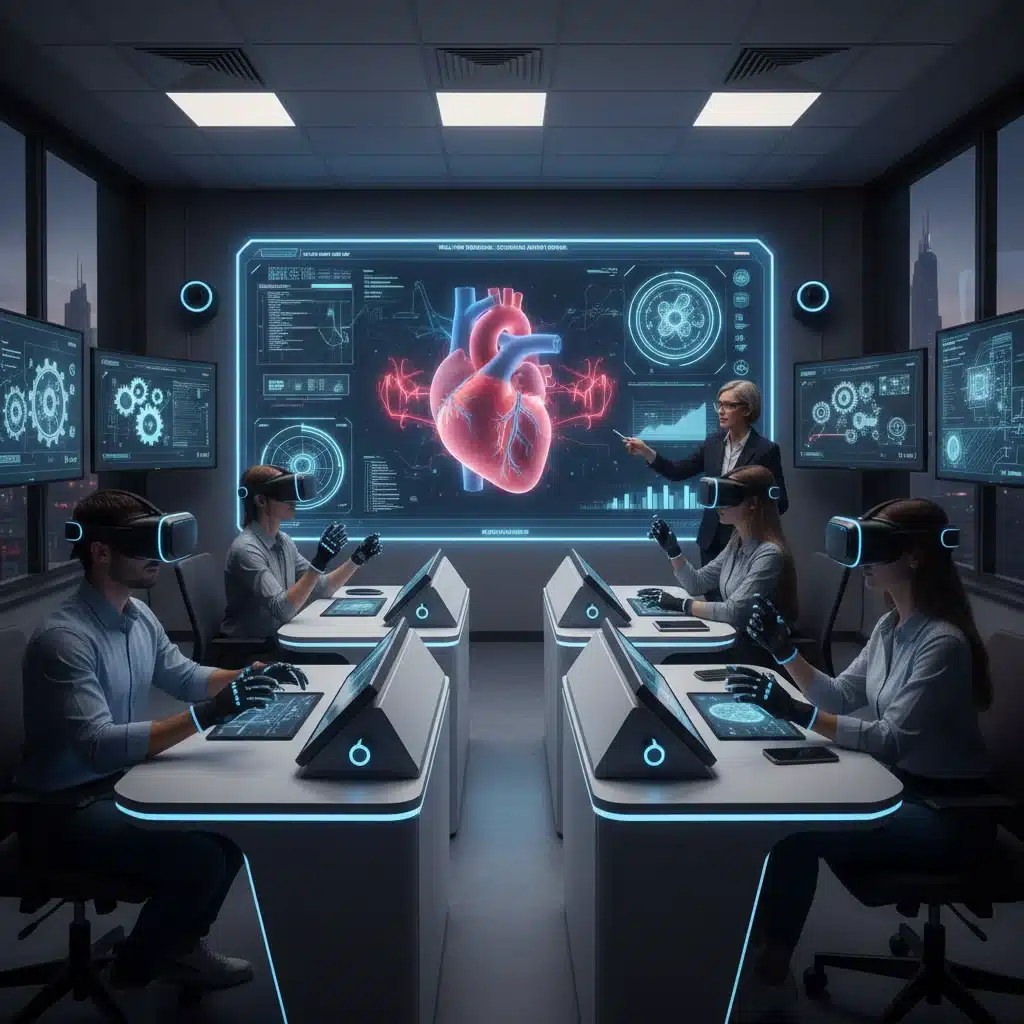 Students using VR headsets for immersive vocational training simulations