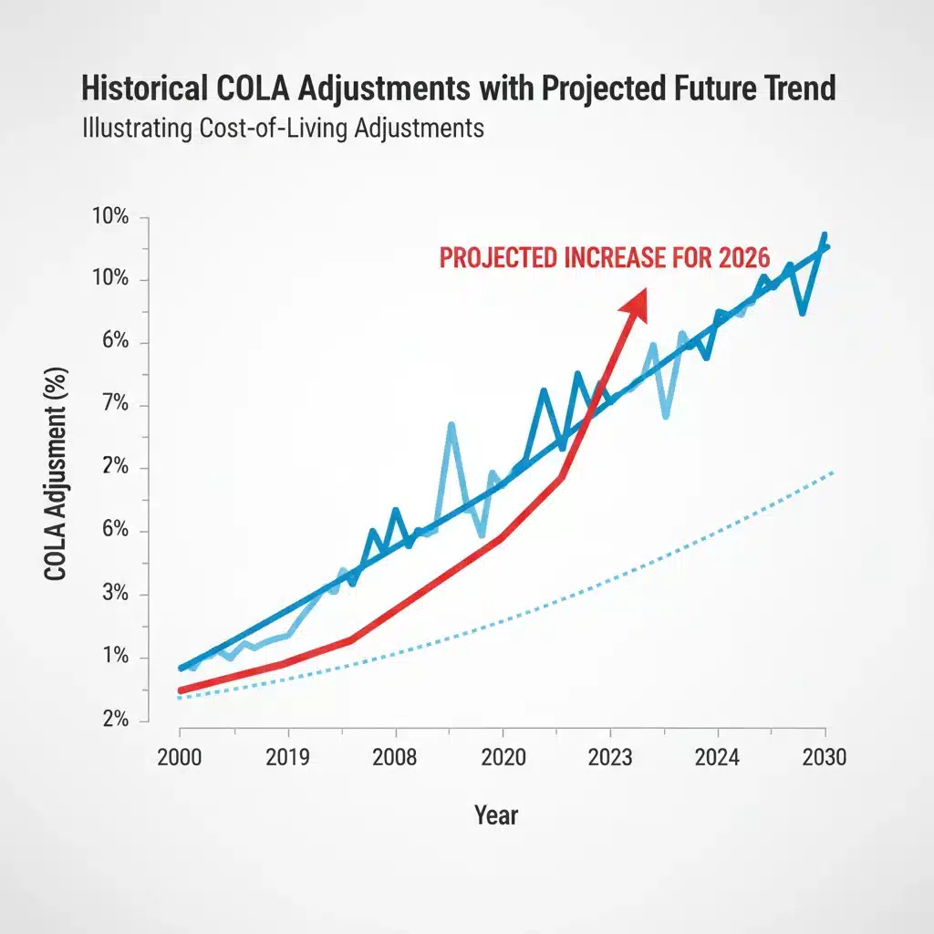 Historical COLA adjustments graph with projected 2026 increase.