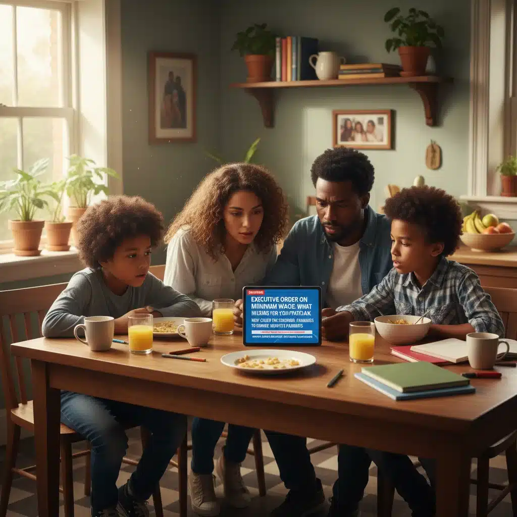American family discussing economic policy news on a tablet at their kitchen table.