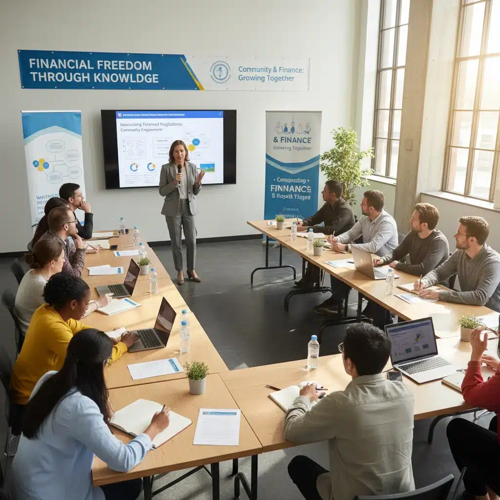 Diverse group learning about financial literacy and economic policies in a workshop setting.