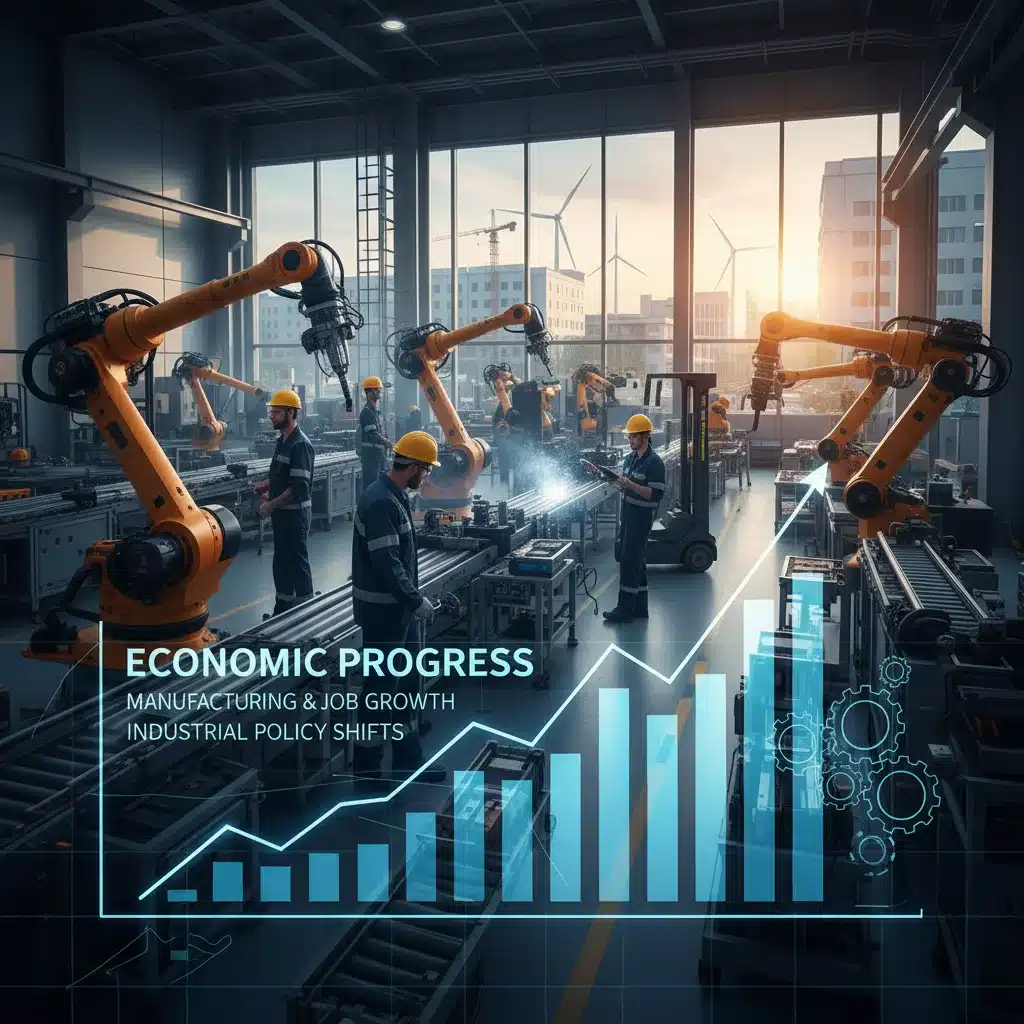 Factory floor with workers and machinery, overlaid with an upward trending economic chart.