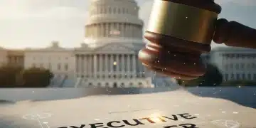Gavel striking an executive order document with the US Capitol in the background, symbolizing presidential power.