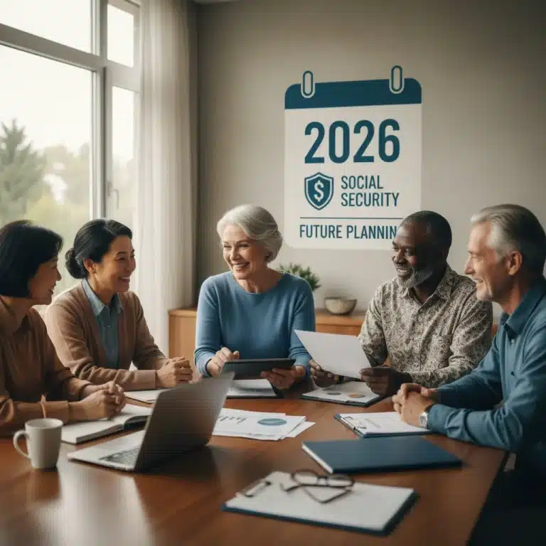 Seniors reviewing Social Security documents for 2026, planning retirement finances.
