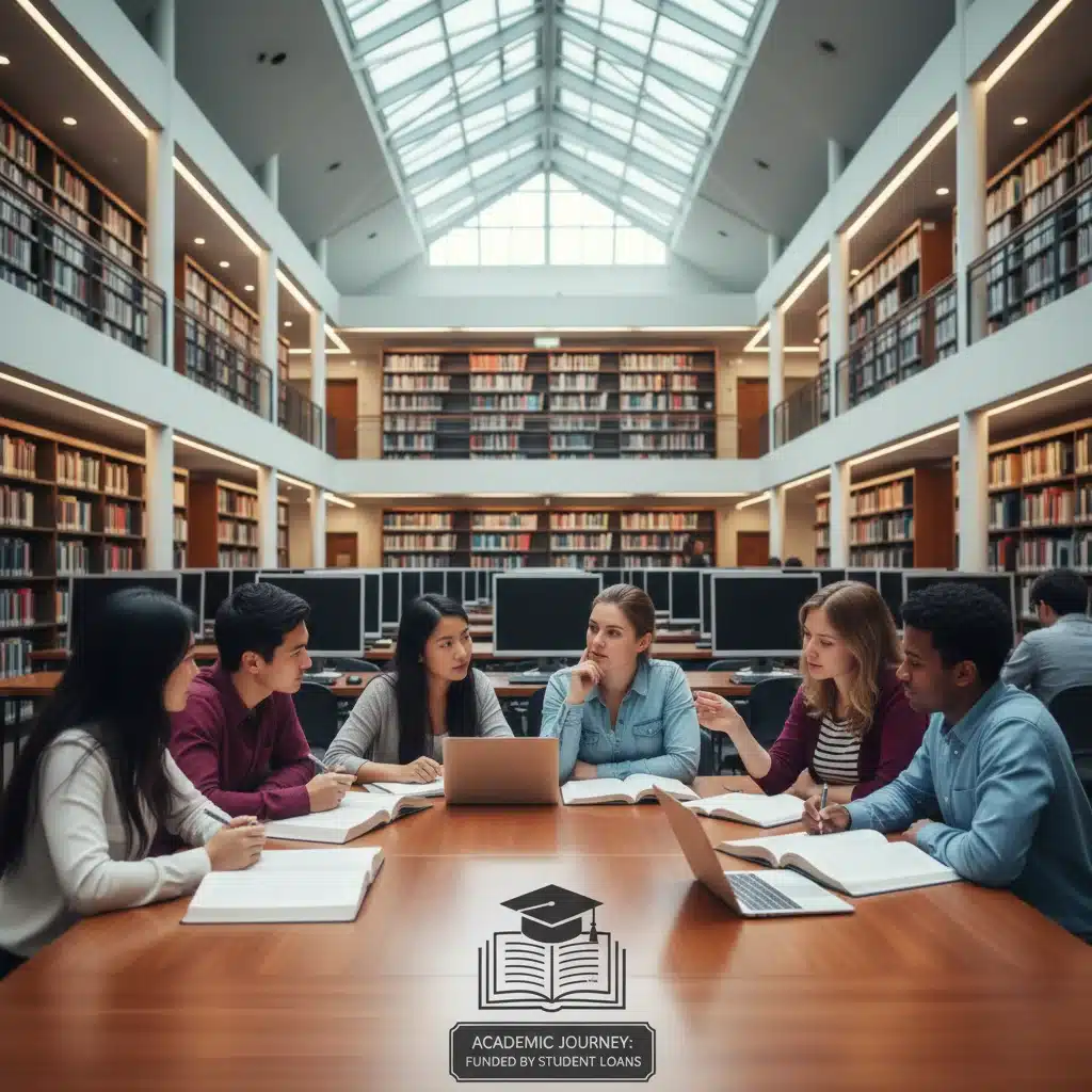Students discussing finances in a university library