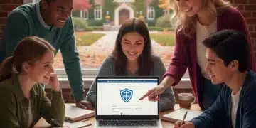 High school seniors planning for 2026 college admissions with a laptop and brochures.