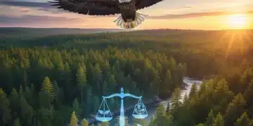 Bald eagle soaring over a forest, symbolizing environmental law and justice.