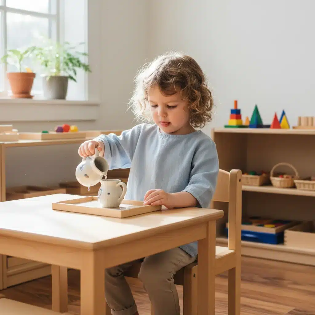 Child independently engaged in a Montessori practical life activity.