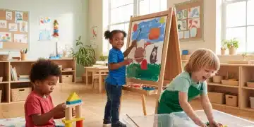 Children learning in a vibrant early childhood classroom, showcasing diverse educational activities.
