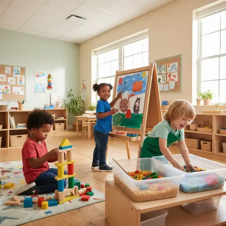 Children learning in a vibrant early childhood classroom, showcasing diverse educational activities.