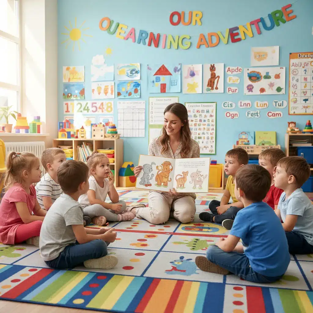 Children engaged in story time with a teacher in a warm classroom setting.