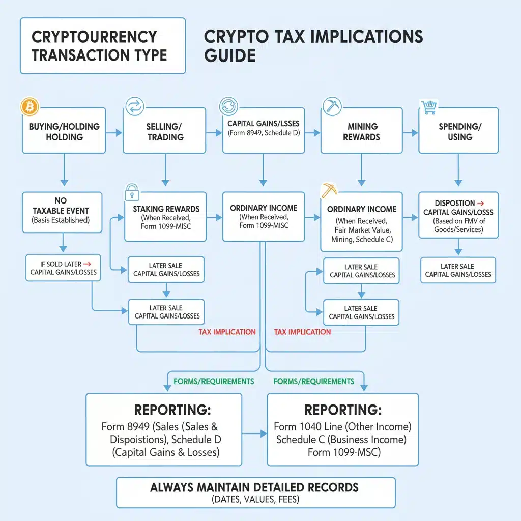 Flowchart illustrating various cryptocurrency transaction types and their tax implications for 2026