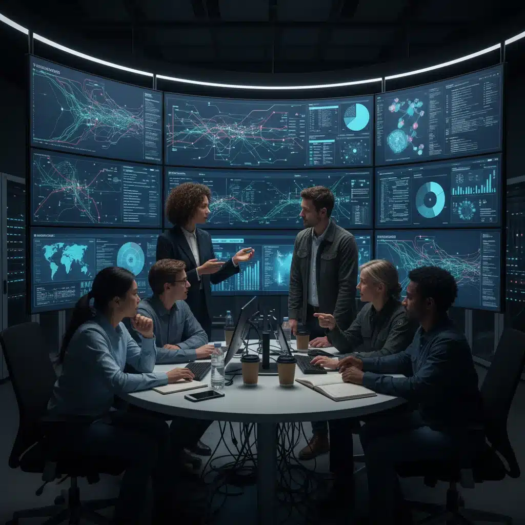 Cybersecurity team collaborating in a federal operations center