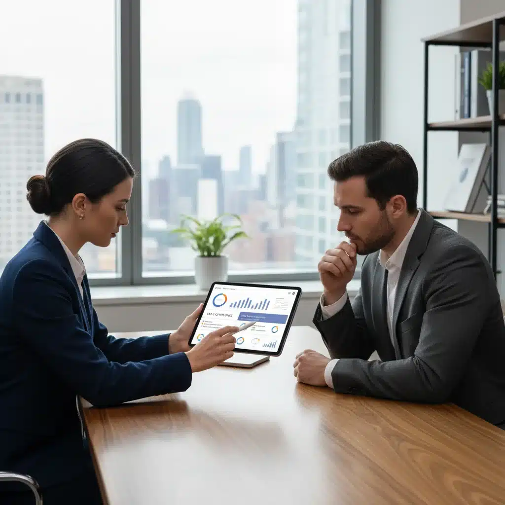 Financial advisor explaining digital asset tax compliance and record keeping to a client