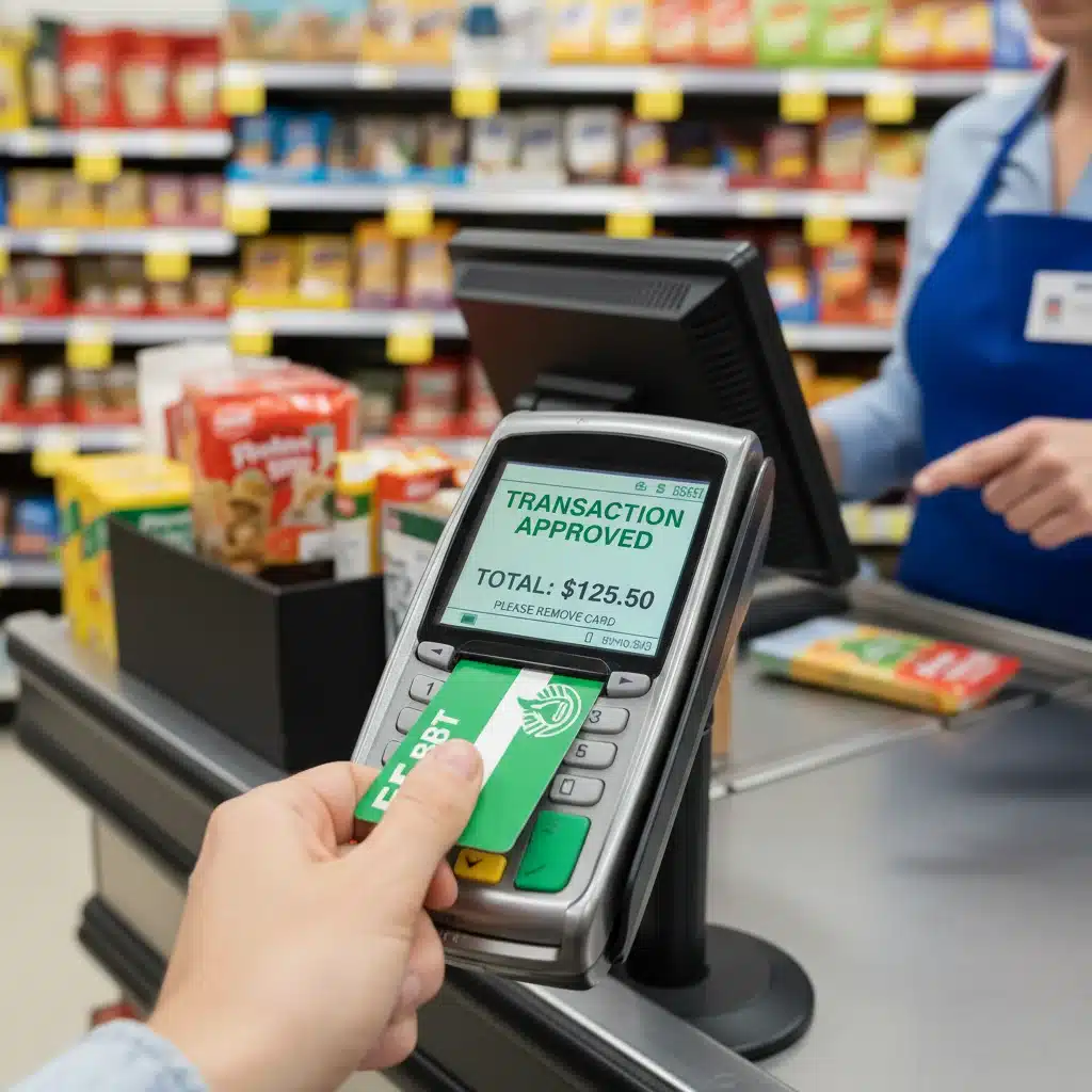 EBT card being swiped at grocery store checkout for food assistance