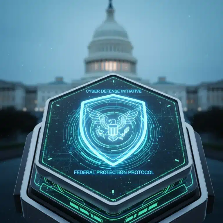 Digital shield protecting federal data, representing new cyberattack protocols