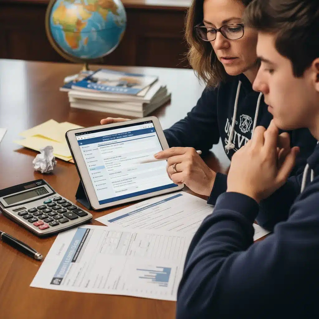 Parent and student reviewing financial aid forms for college.