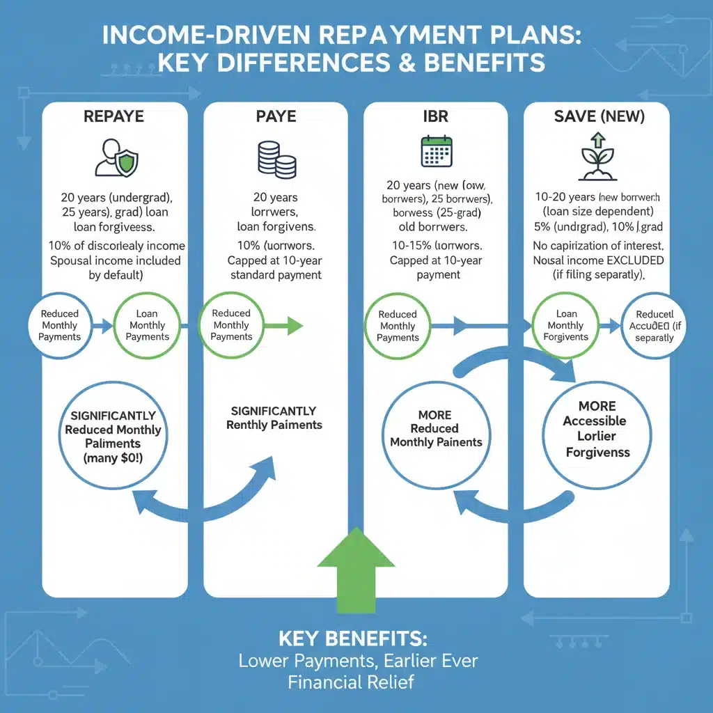 Infographic comparing Income-Driven Repayment plans, SAVE plan benefits