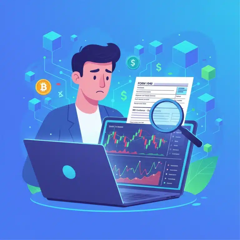 Person reviewing IRS crypto tax guidance on a laptop for 2026 returns