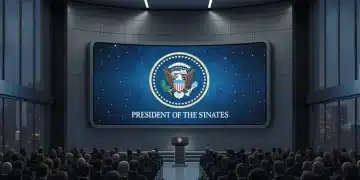 Presidential seal projected on screen during a national address, symbolizing new policy announcements.