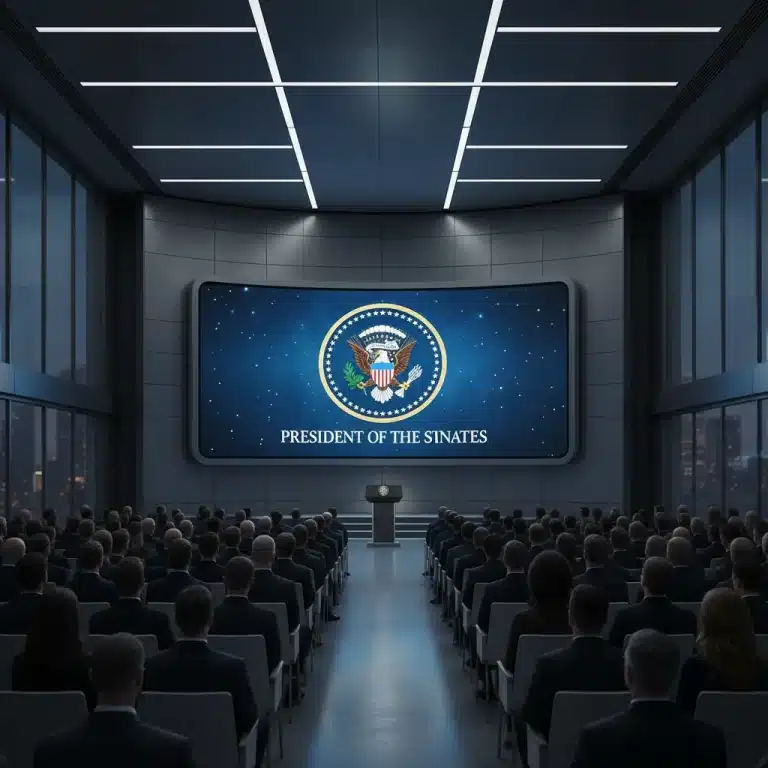 Presidential seal projected on screen during a national address, symbolizing new policy announcements.