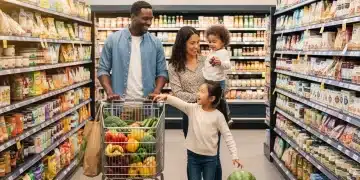 Diverse family happily grocery shopping with SNAP benefits in 2026