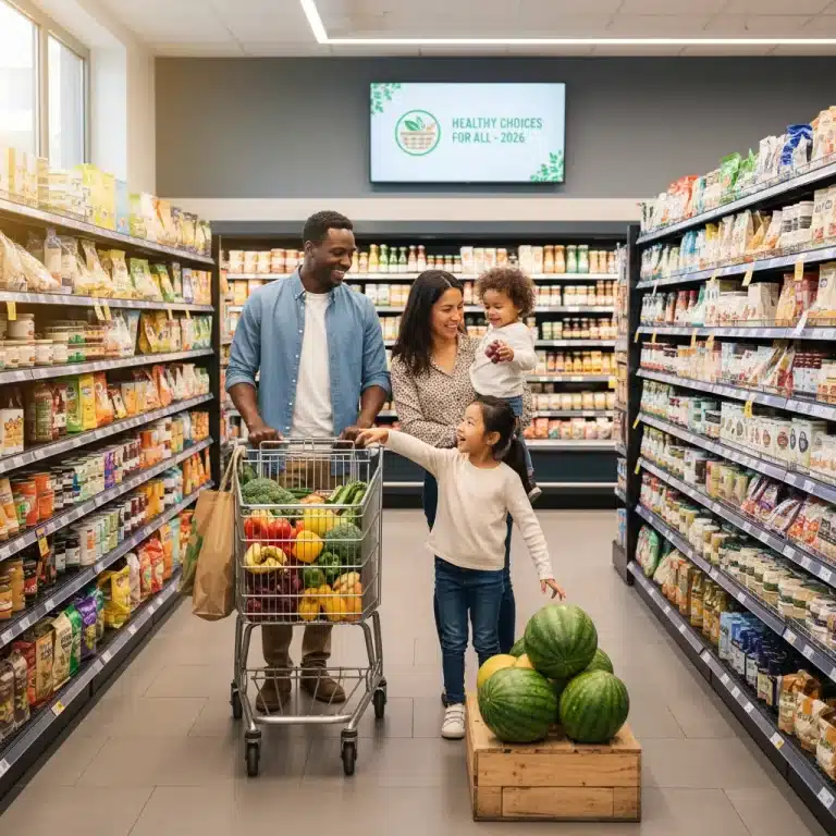 Diverse family happily grocery shopping with SNAP benefits in 2026